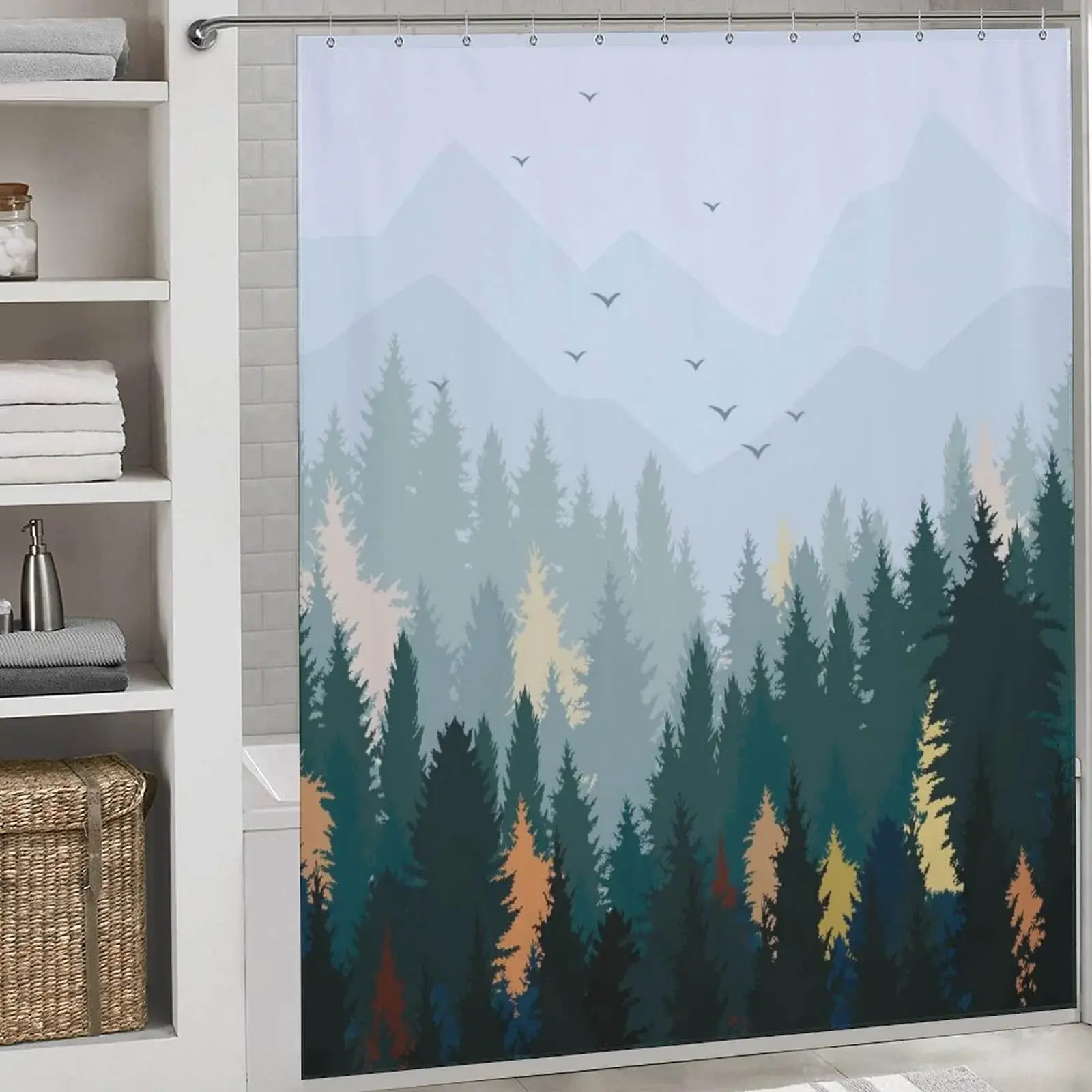 Forest shower curtain for white bathroom