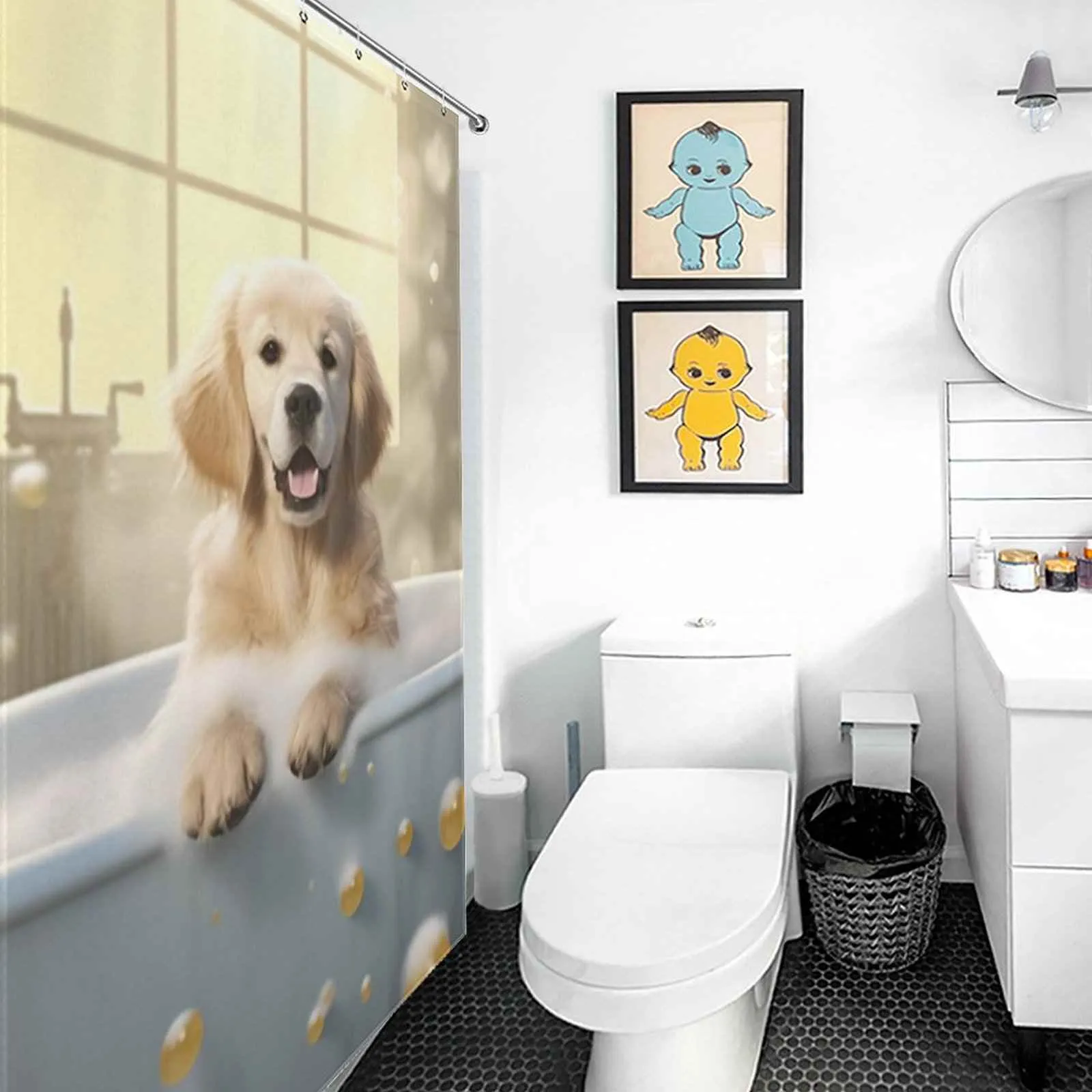 Funny dog shower curtain for white bathroom