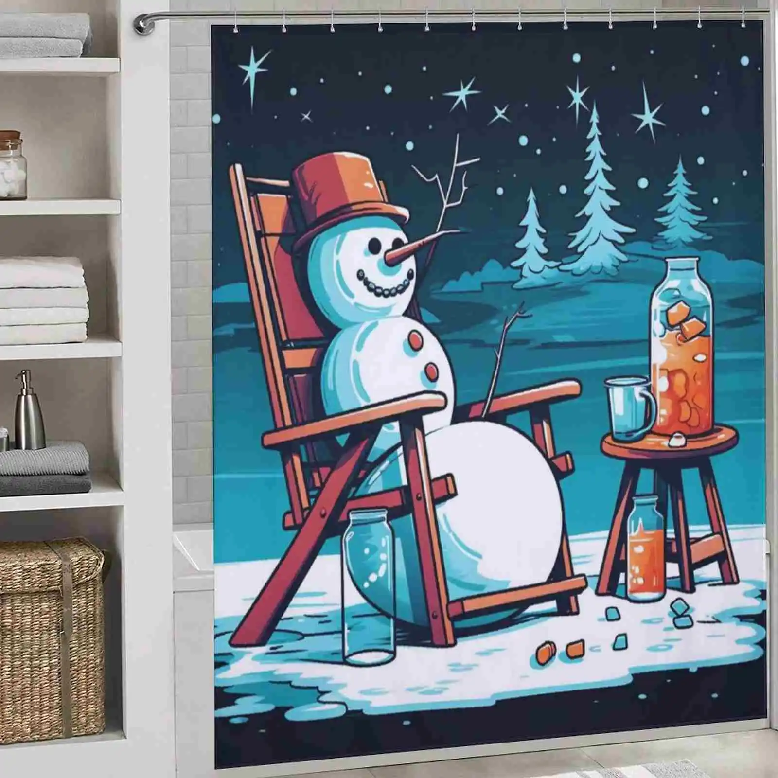 funny snowman juice christmas shower curtain for white bathroom