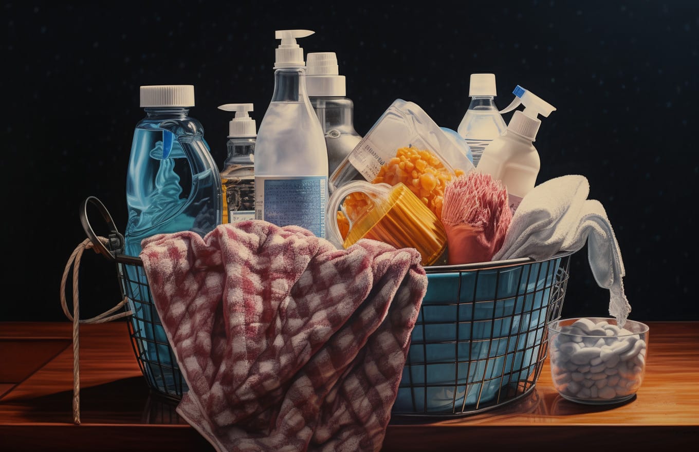 A painting of a basket full of cleaning products, essential for removing mold from a shower curtain.