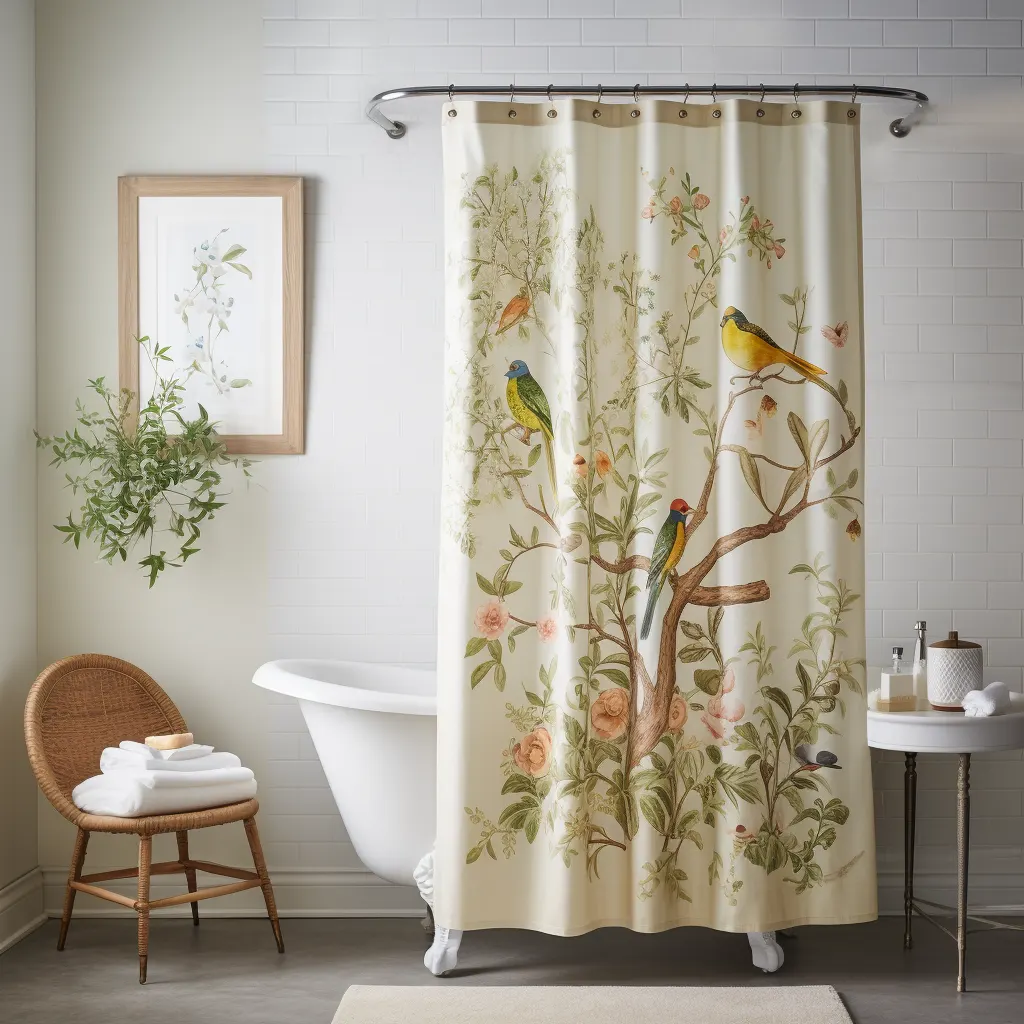 A bathroom with a shower curtain featuring birds. Learn how to get mold off a shower curtain.