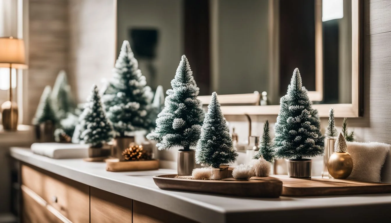 A bathroom with christmas trees on the counter.