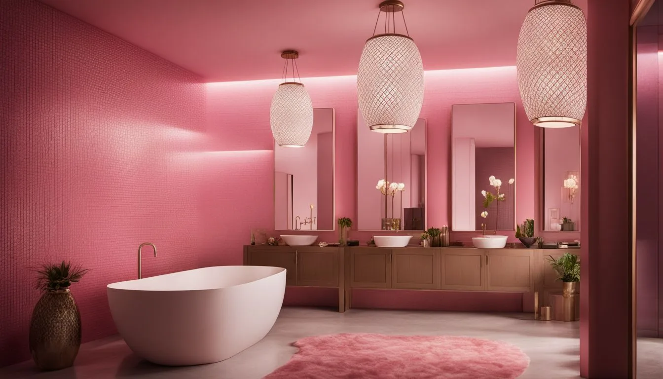 A bathroom with pink walls and a pink bathtub.