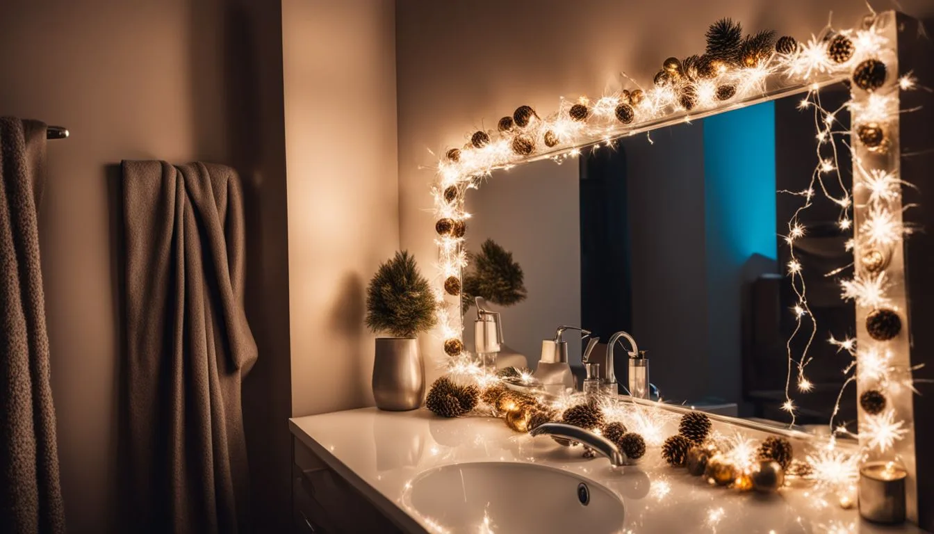 A bathroom with a mirror decorated with christmas lights.