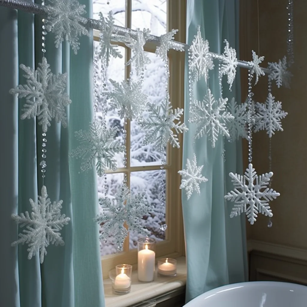 Snowflakes hanging from a window in a bathroom.