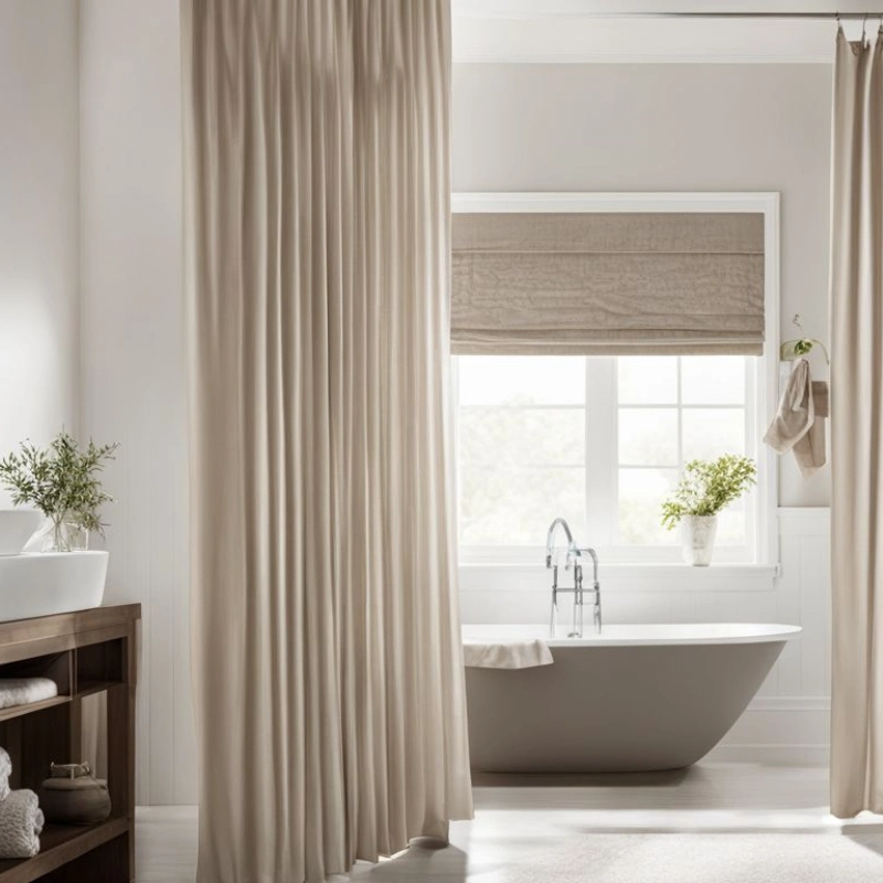 Clean a moldy shower curtain in a bathroom with beige curtains.