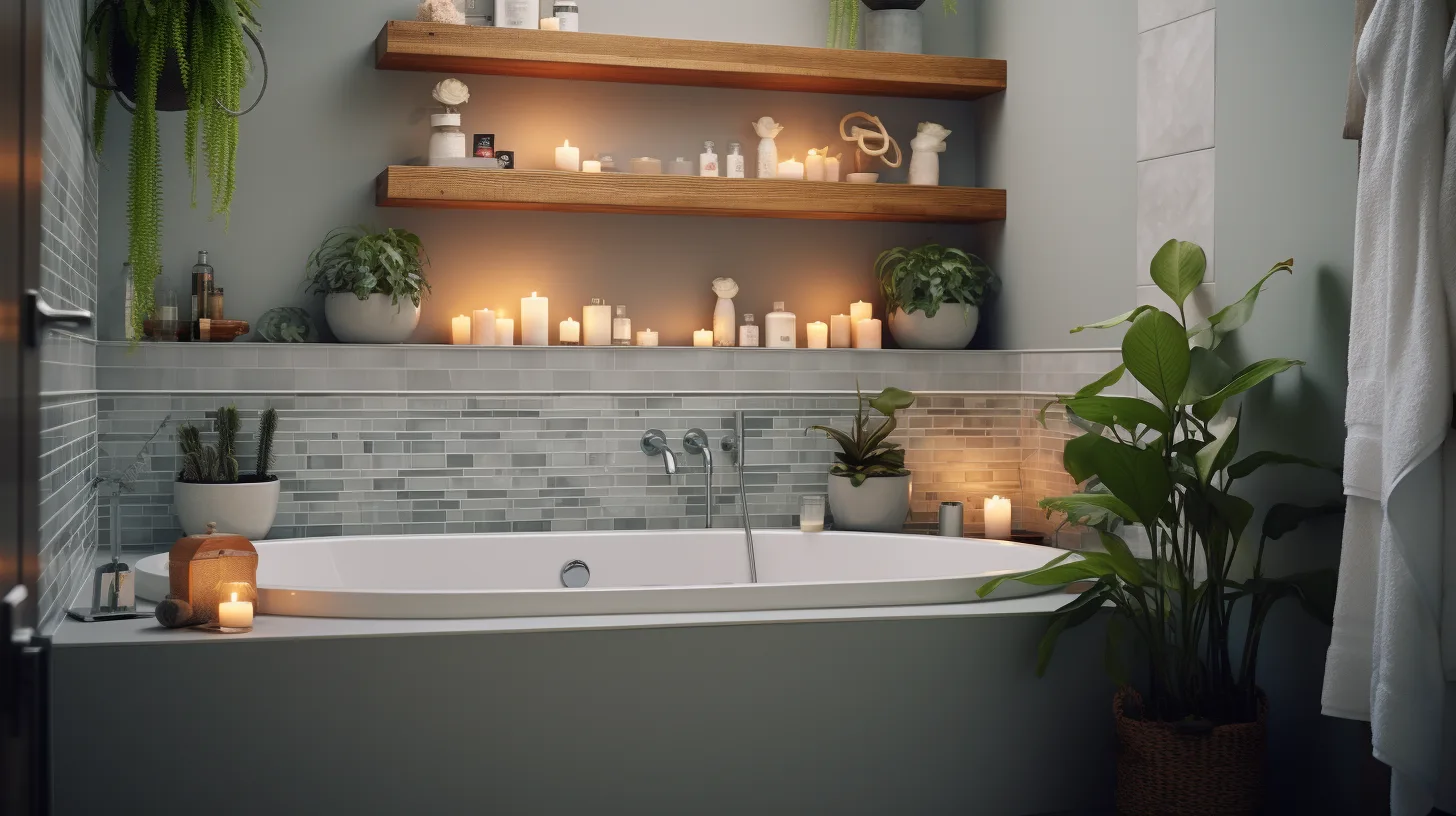 A bathroom with candles and plants on shelves.