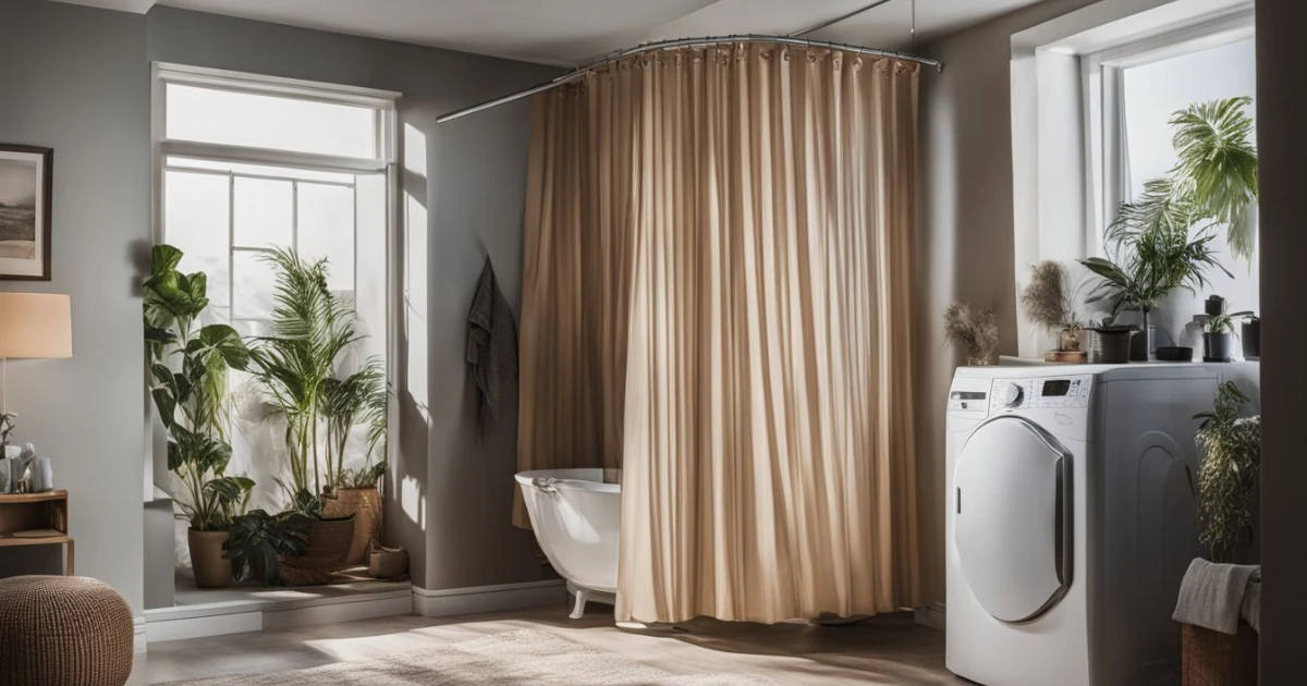 A bathroom with a washing machine and a wrinkle-free shower curtain.