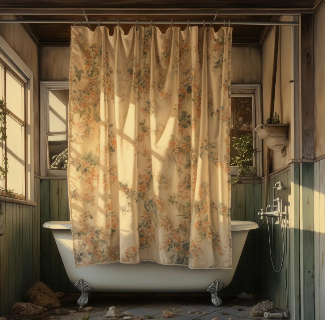 a bathroom hangs a floral shower curtain above bathtub