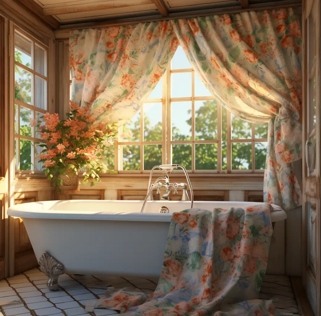 shower curtains in a bathroom with an empty bathtub