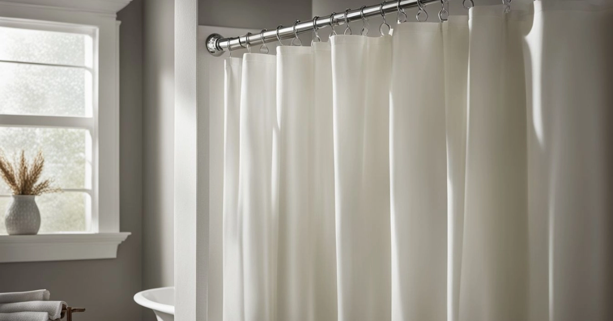 A well maintained shower curtain is hanging in a bathroom without rusted shower rods.