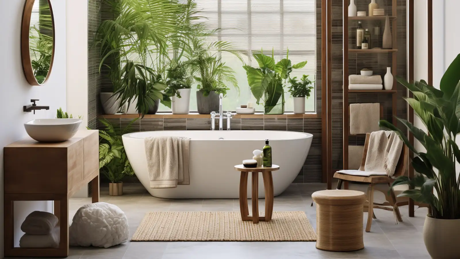 Discover how to decorate an apartment bathroom with an abundance of plants and a luxurious bathtub.