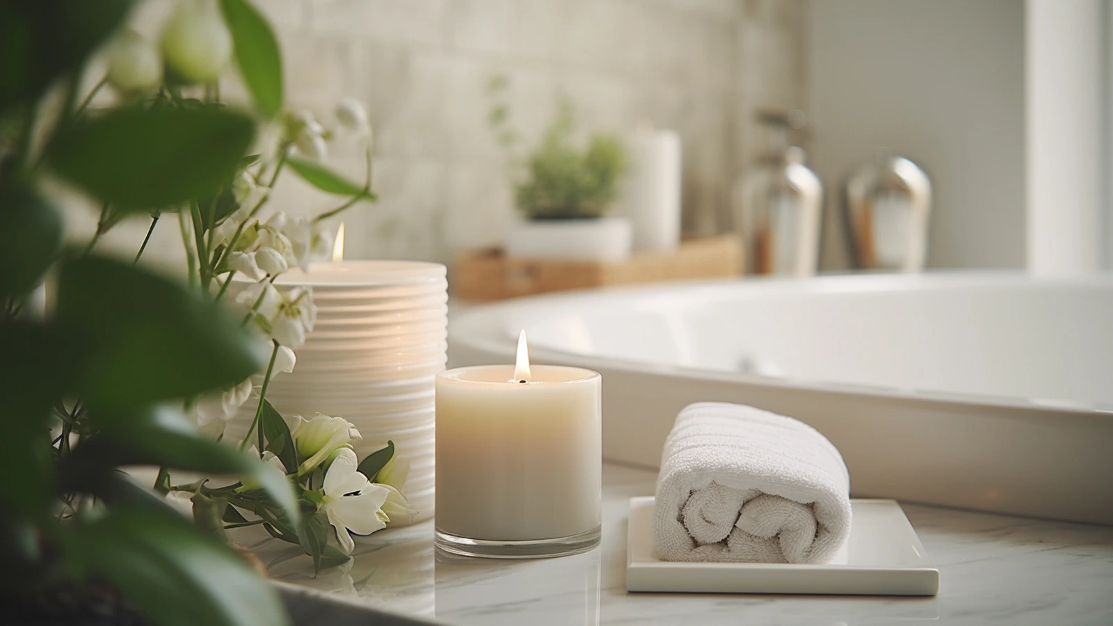 Learn how to decorate an apartment bathroom with candles, towels, and plants.