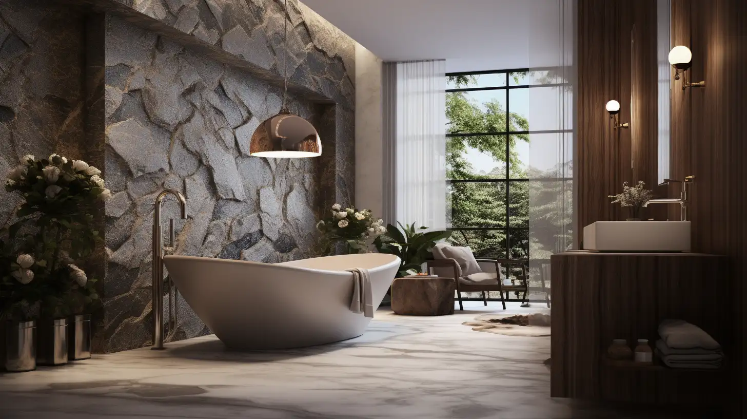 A modern bathroom with stone walls and a bathtub.