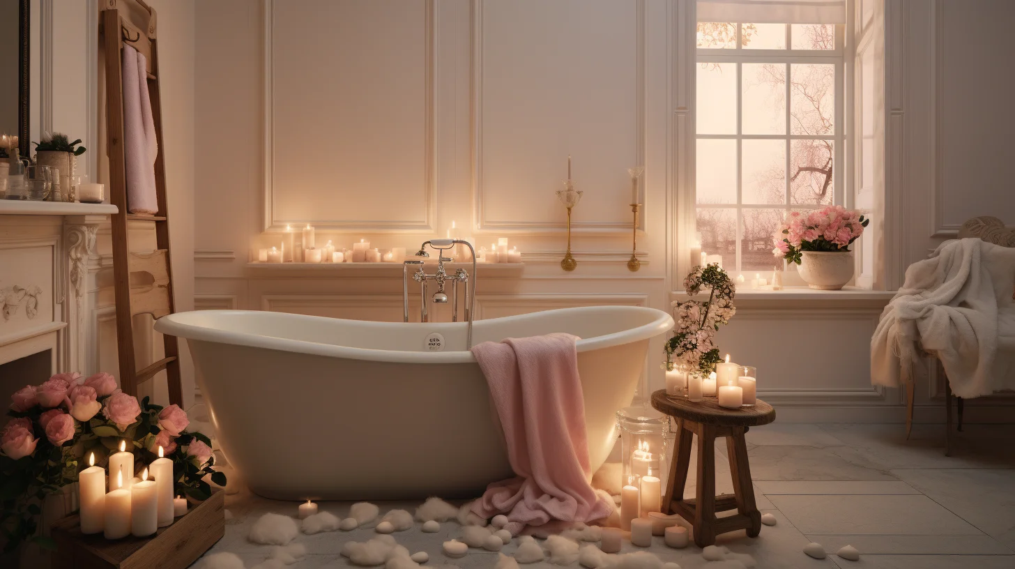 A bathroom with candles, flowers and a bathtub.