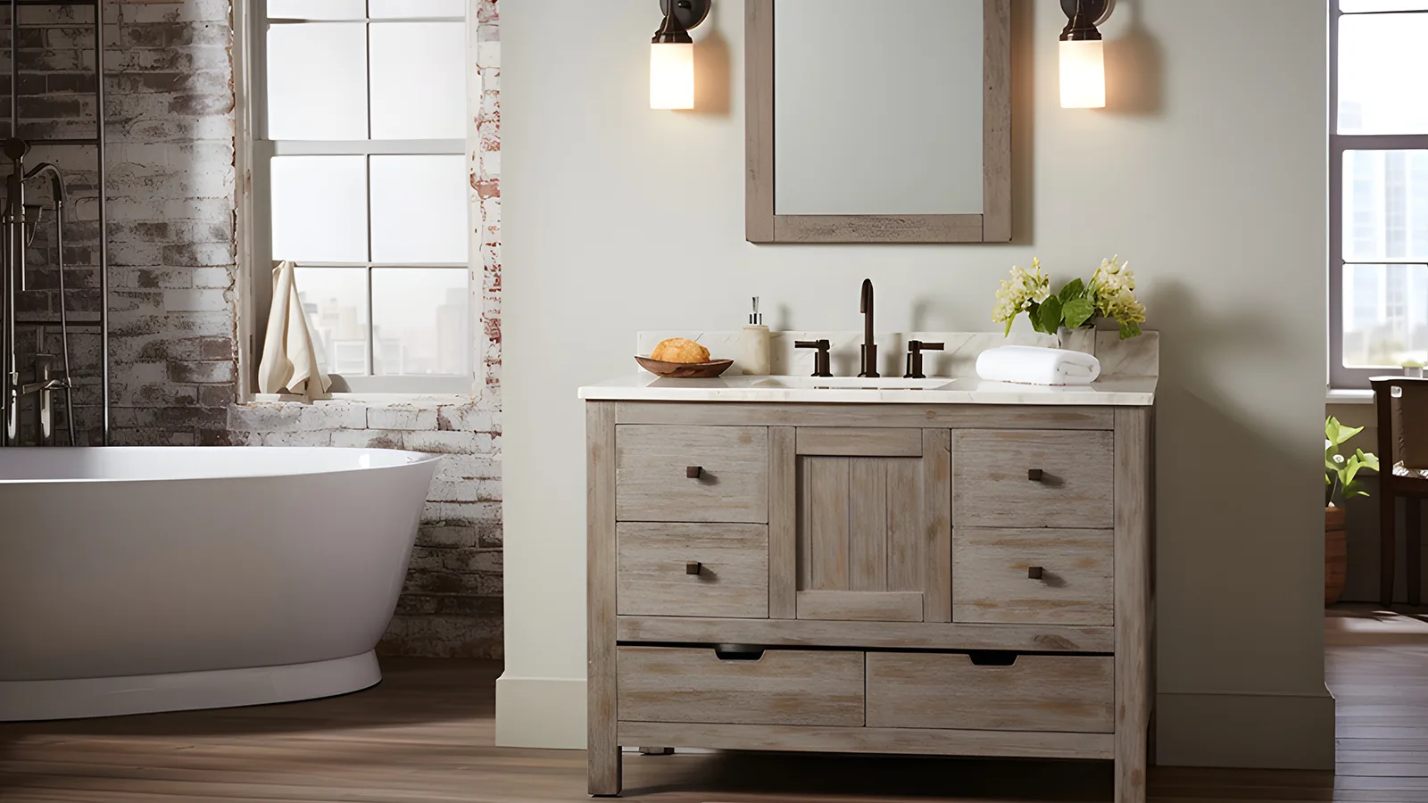 Discover tips on how to decorate an apartment bathroom featuring a wooden vanity and a tub.