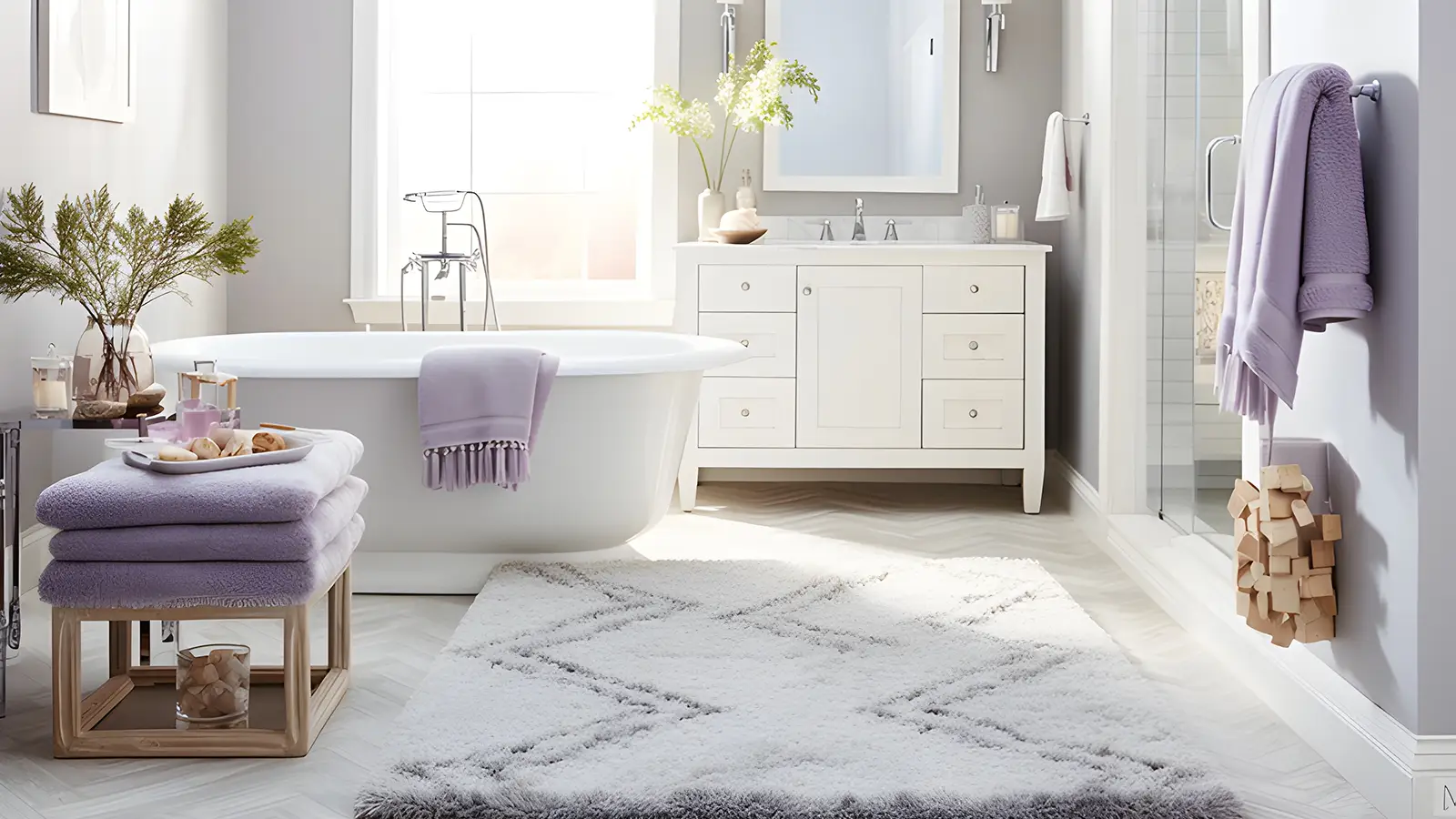 Learn how to decorate an apartment bathroom with a white tub and purple towels.