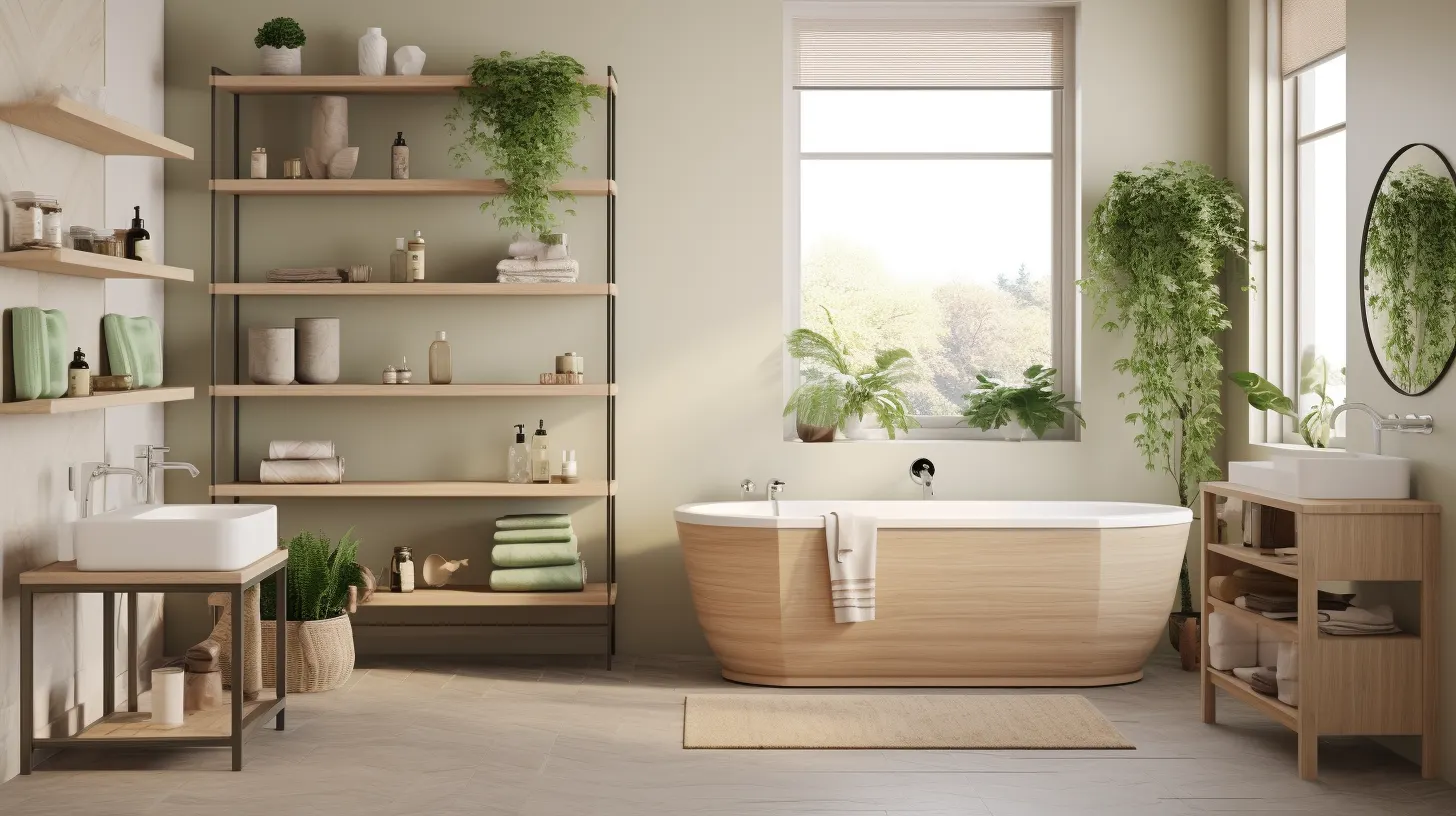 A modern bathroom with wooden shelves and plants.