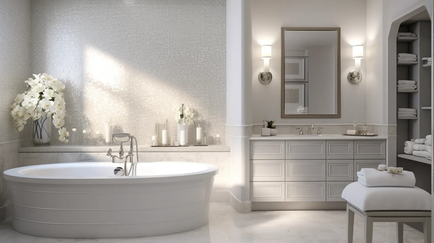 A white bathroom with a large tub and mirror.