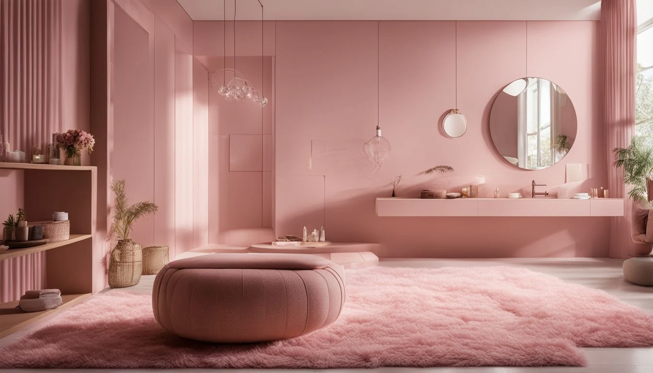 A bathroom with pink walls and a pink rug.