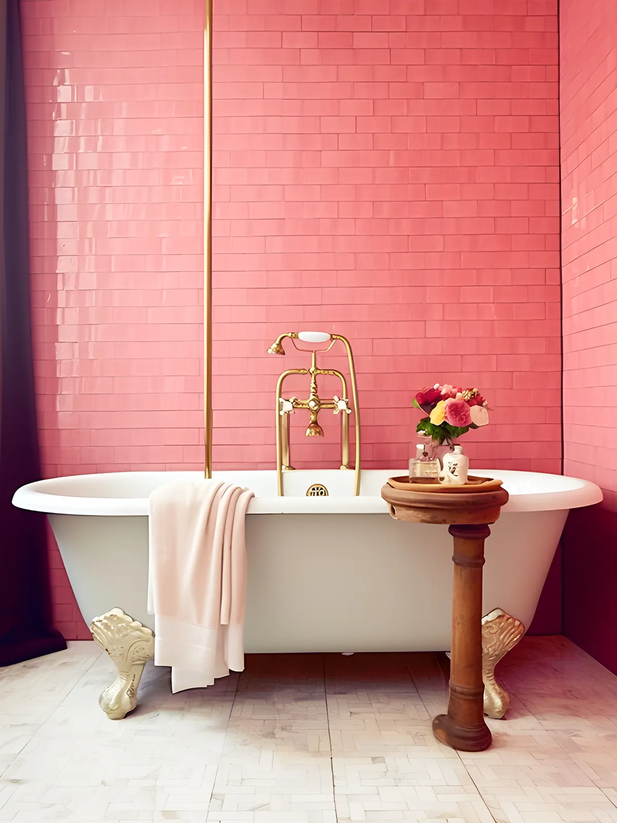 A bathroom with pink walls and a bathtub.