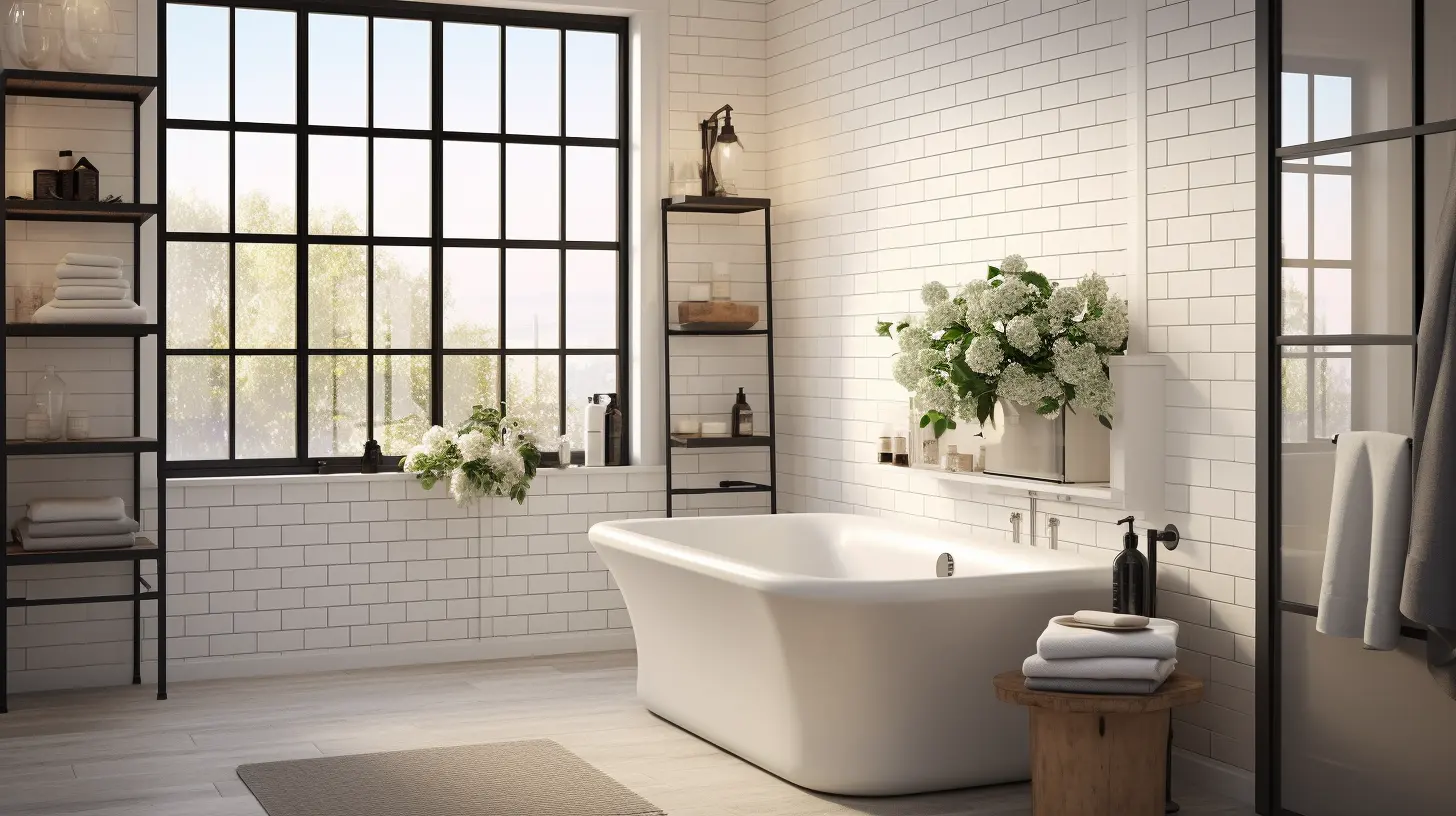 A white bathroom with a tub and a window, featuring how to decorate a tub surround