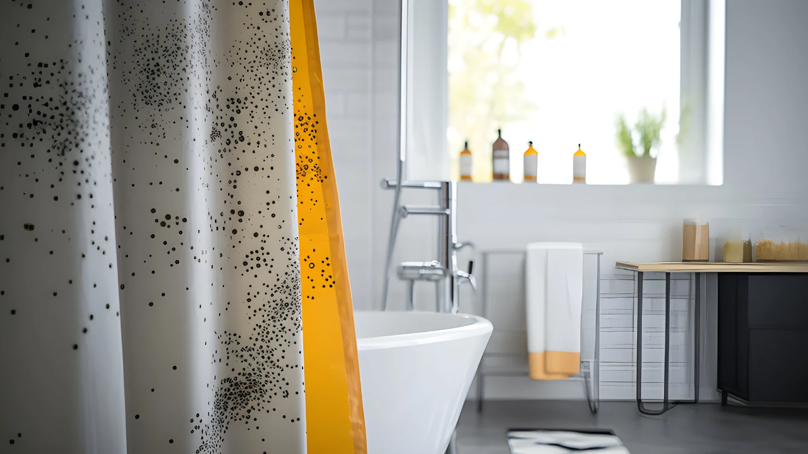 A bathroom with a yellow shower curtain that has mold which mold on shower curtain dangerous