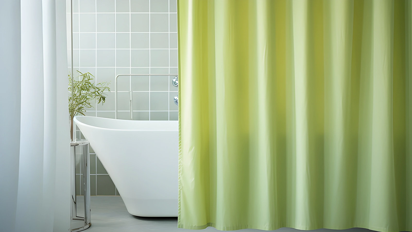 A bathroom with a green shower curtain, potentially dangerous if mold is present on the curtain.