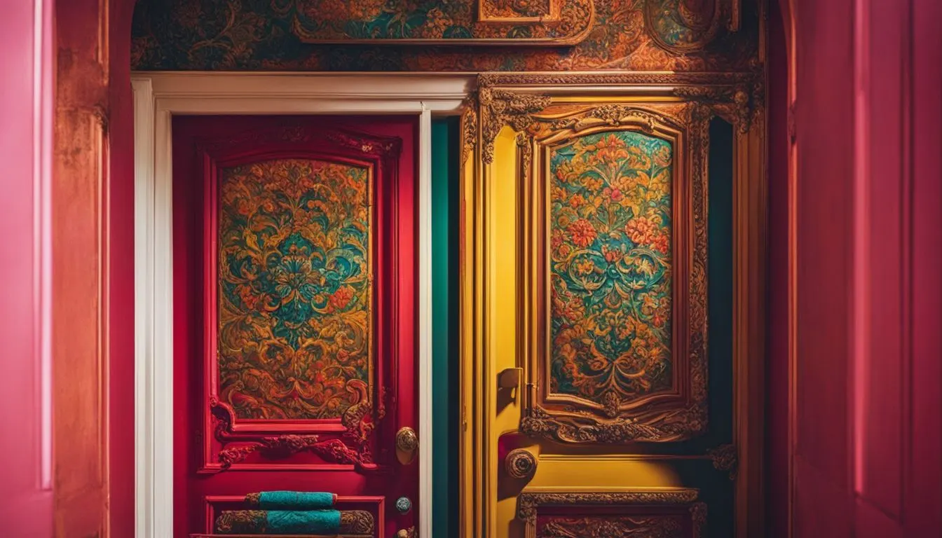 An ornately decorated door in a room.