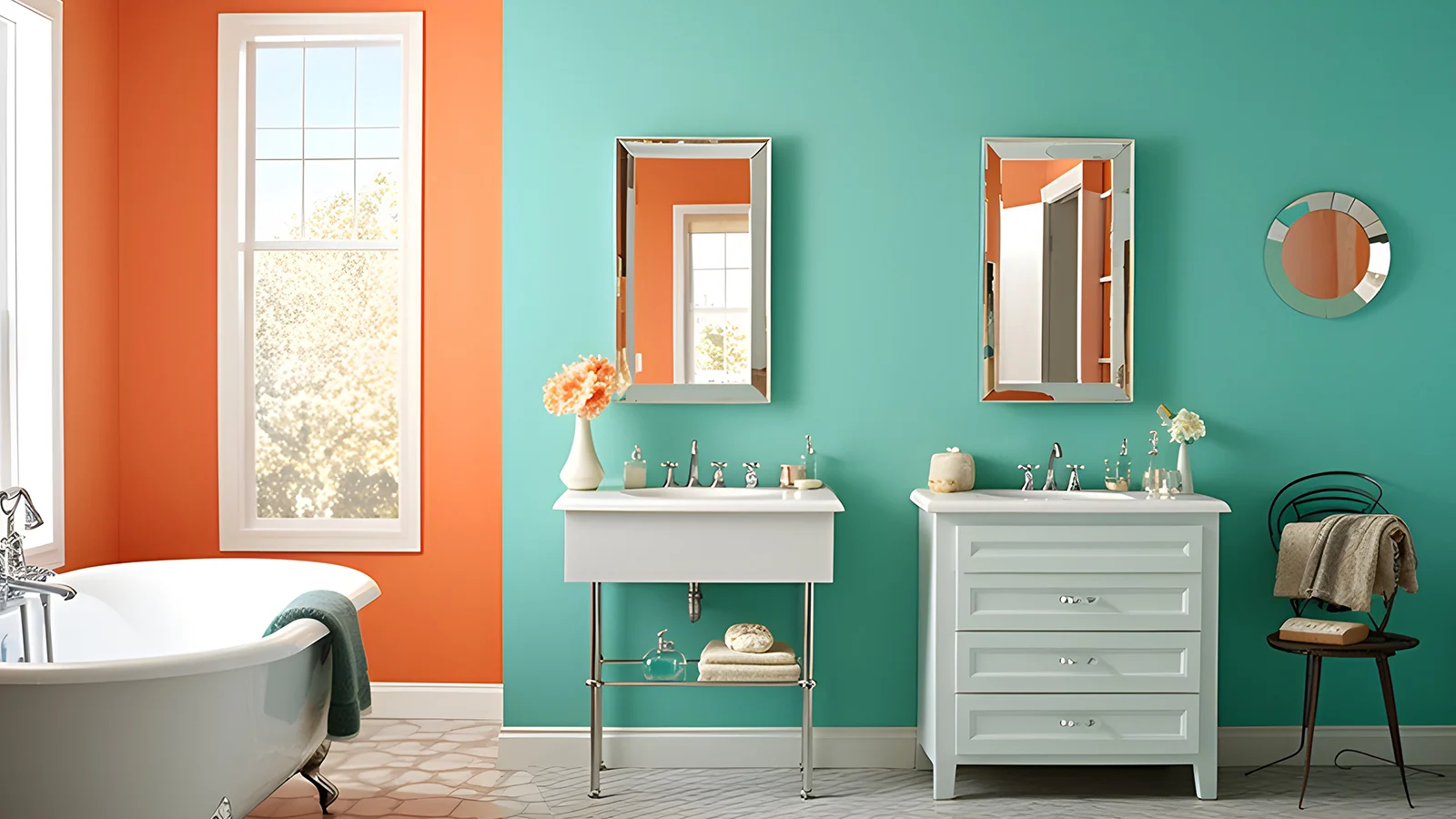 Discover various ways to decorate your apartment bathroom with orange and turquoise walls.