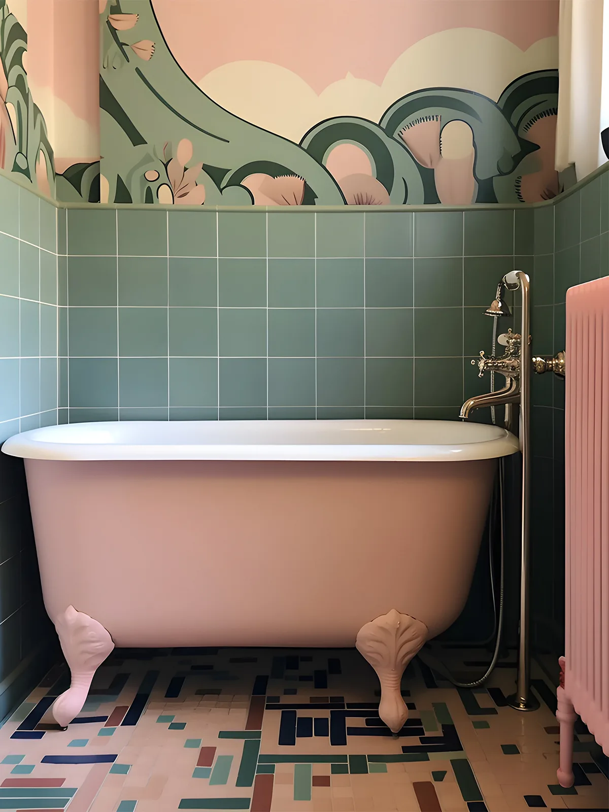 A bathroom with a pink tub and tiled walls.