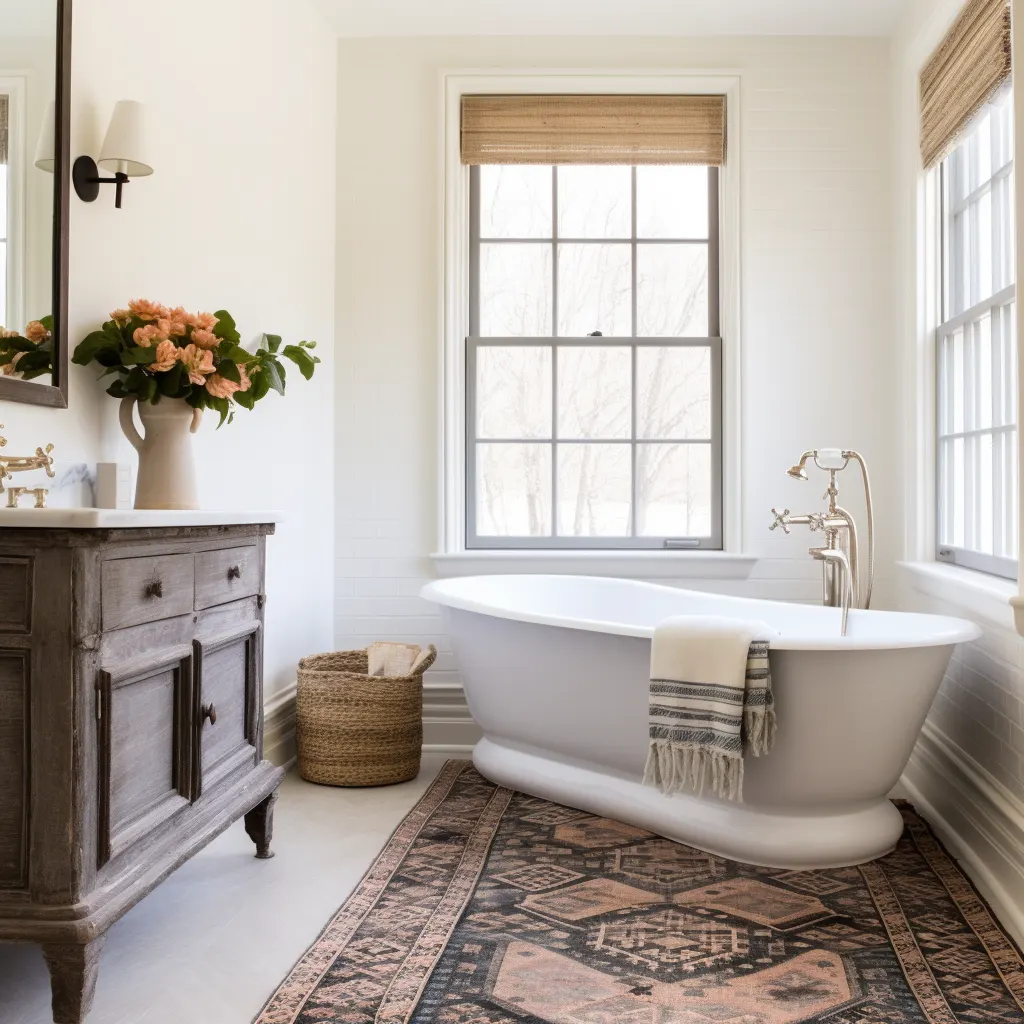 A white bathroom with a rug and tub.