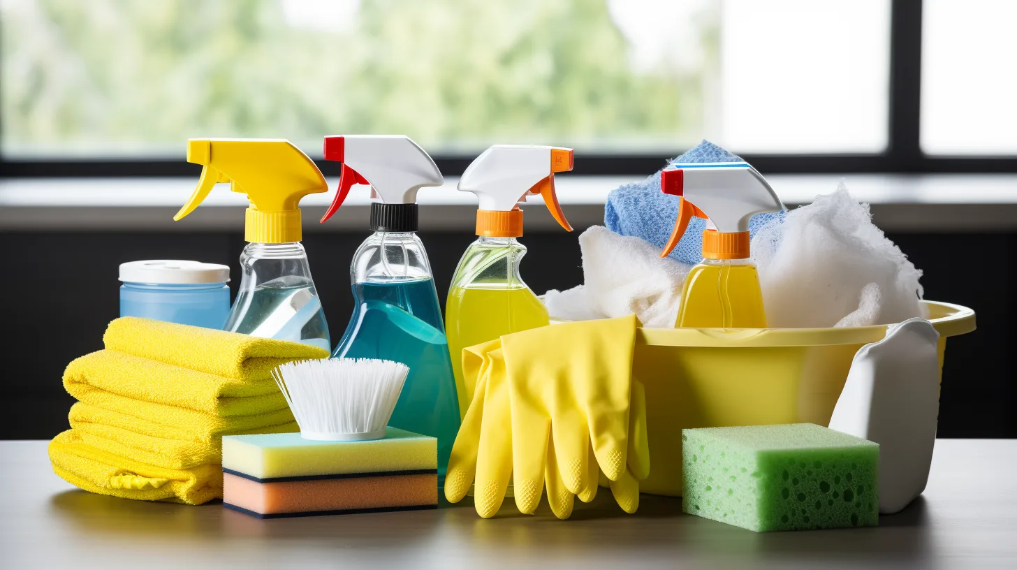 A bucket of cleaning supplies, including mold remover and eco-friendly spray bottles, neatly arranged on a table.