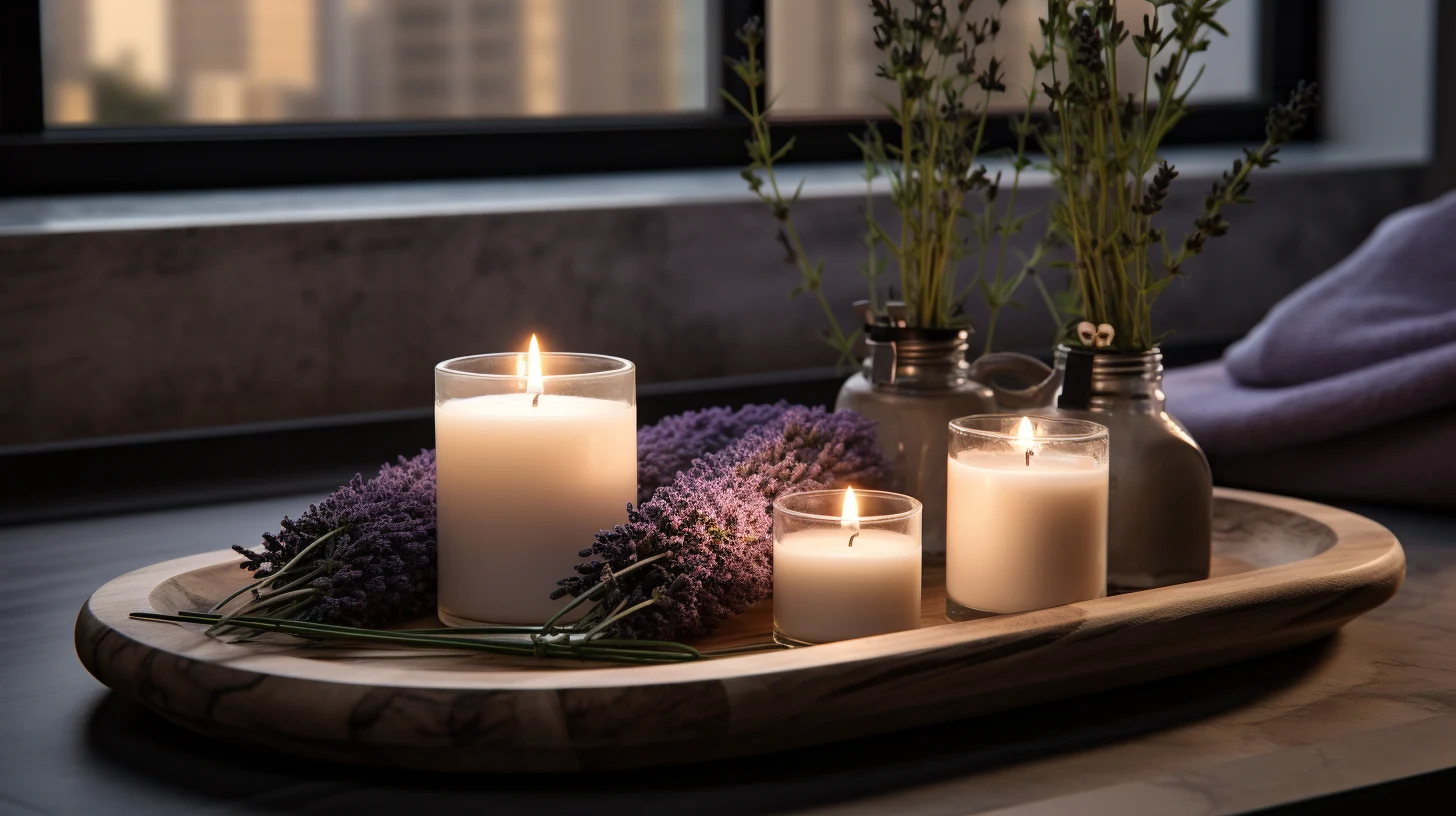 Three candles on a tray in front of a window.