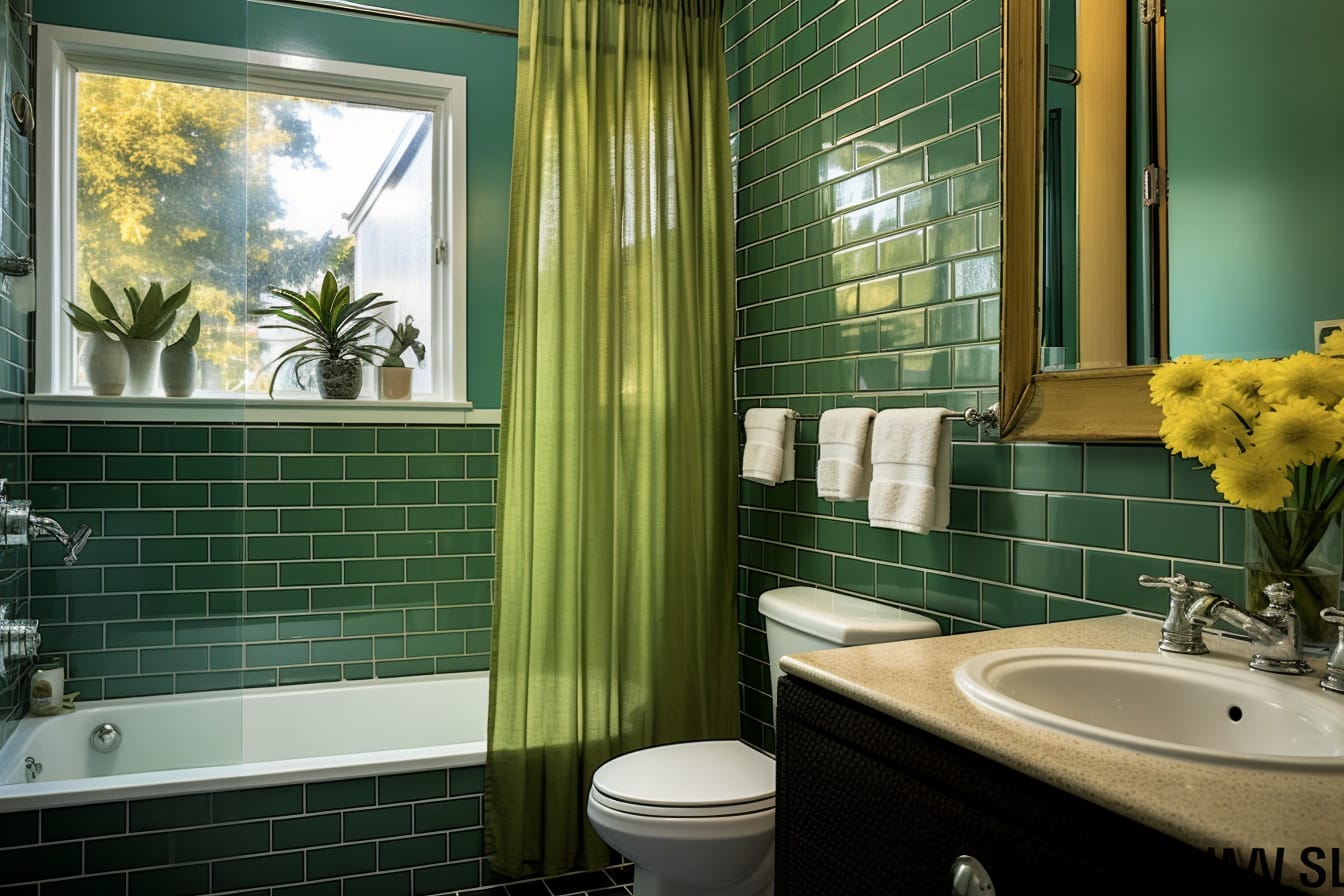 A bathroom with green tile and a window, highlighting the question of how often should you change your shower curtain.