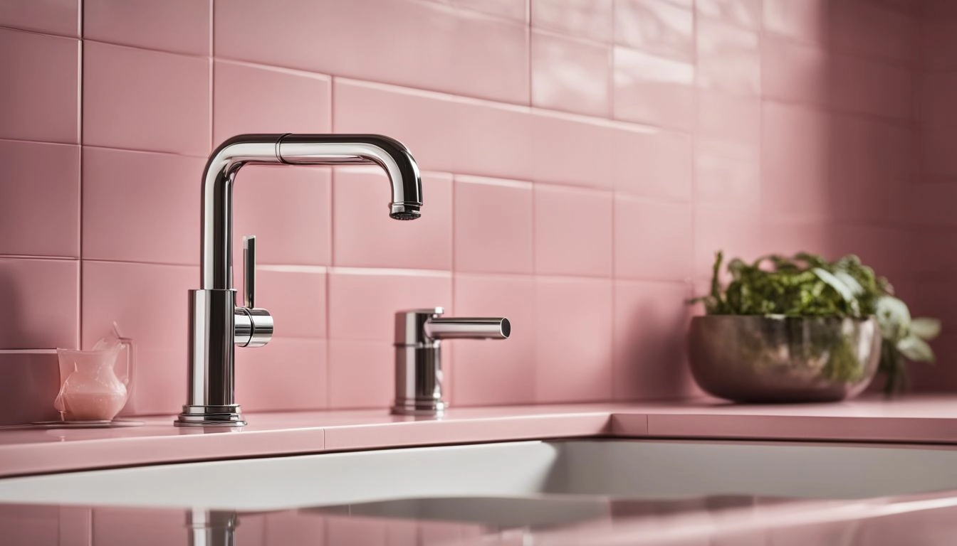 A pink tiled kitchen with a stainless steel faucet.