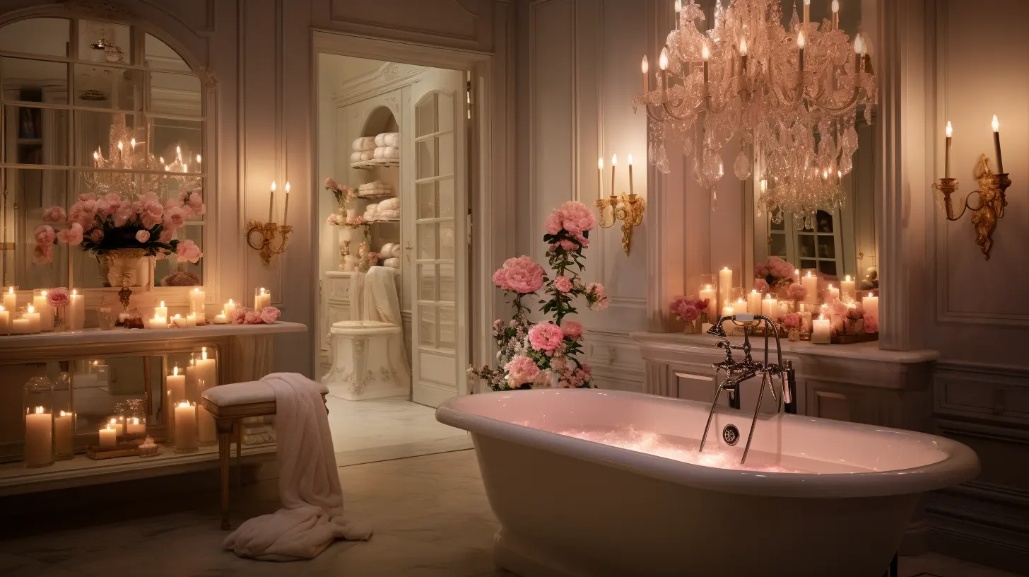 A romantic bathroom filled with candles and flowers.