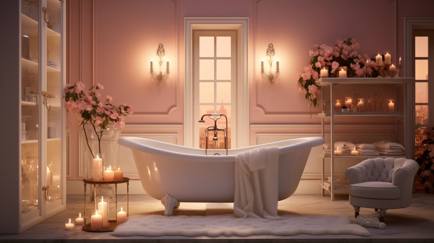 A pink bathroom with candles and a bathtub.