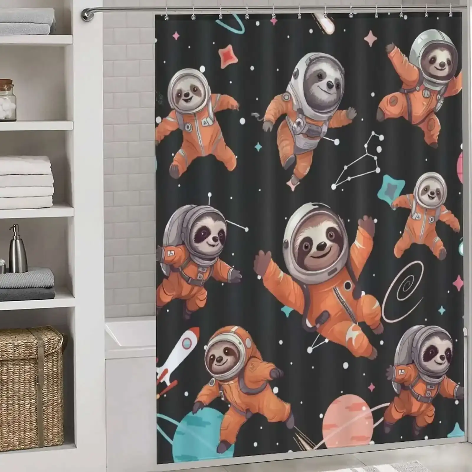 Sloth shower curtain for white bathroom