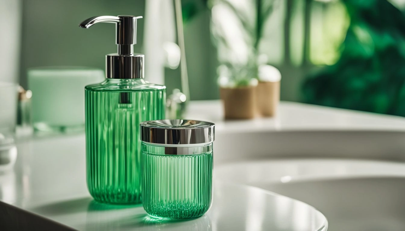 A green glass soap dispenser sits on a counter in a bathroom.
