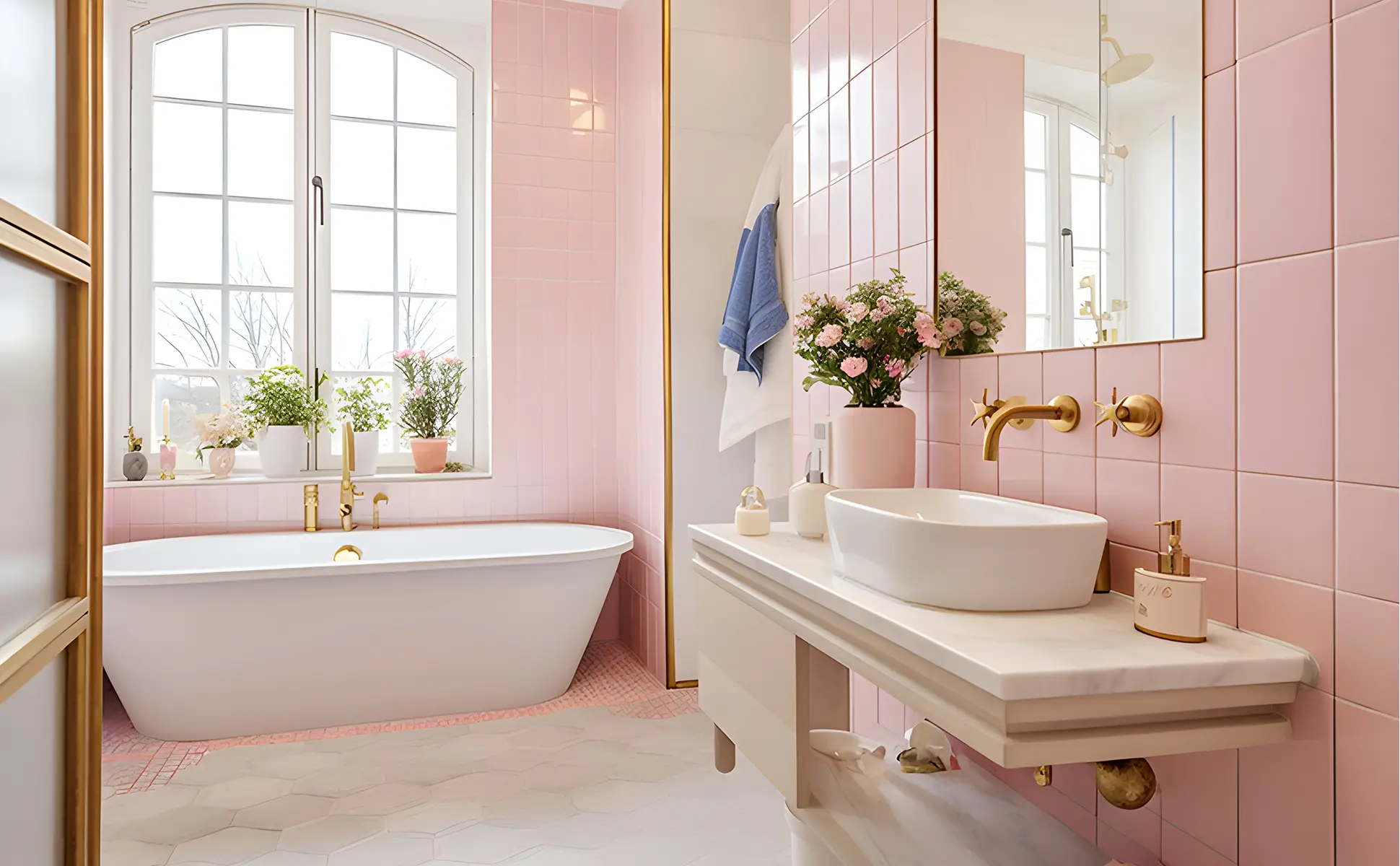 Learn how to decorate a bathroom that has pink tile and gold fixtures by utilizing complementary colors and elegant accessories.