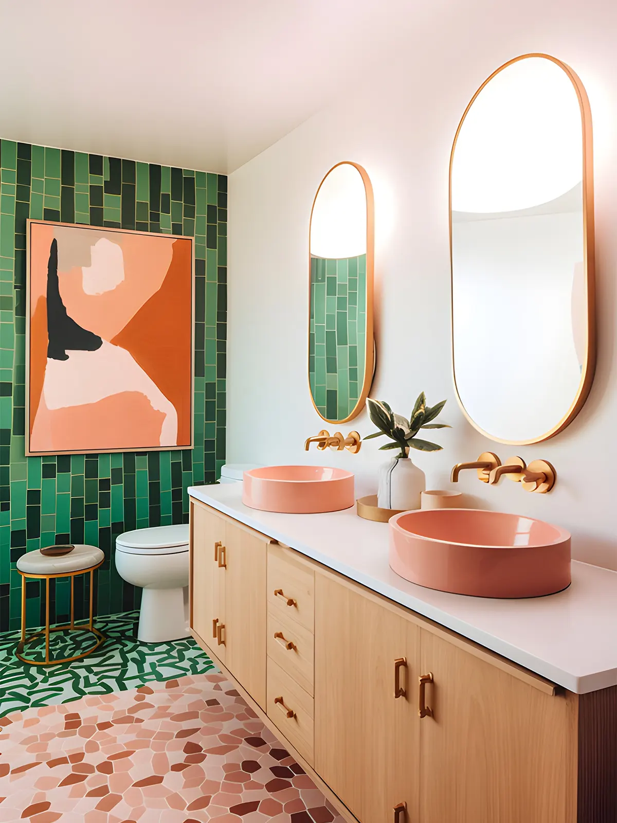 A bathroom with a pink and green tiled wall.
