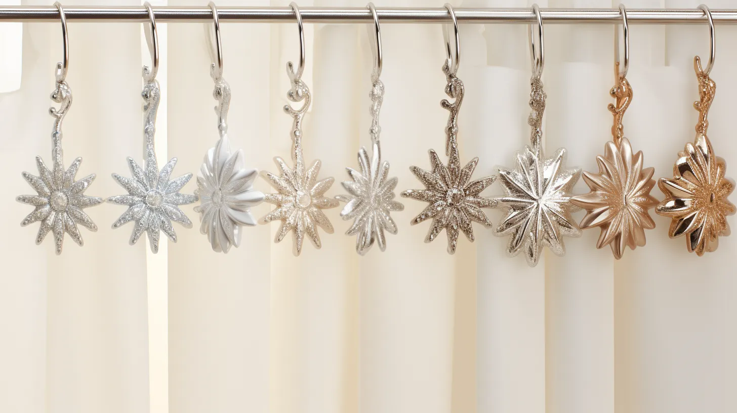 Types of Shower Curtain Hooks: A group of silver and gold stars hanging from a curtain rod.