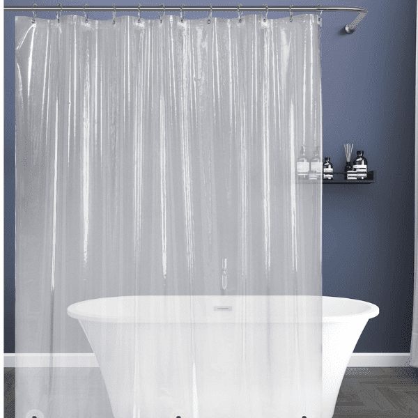 A vinyl shower curtain with a bathtub, suitable for any size.