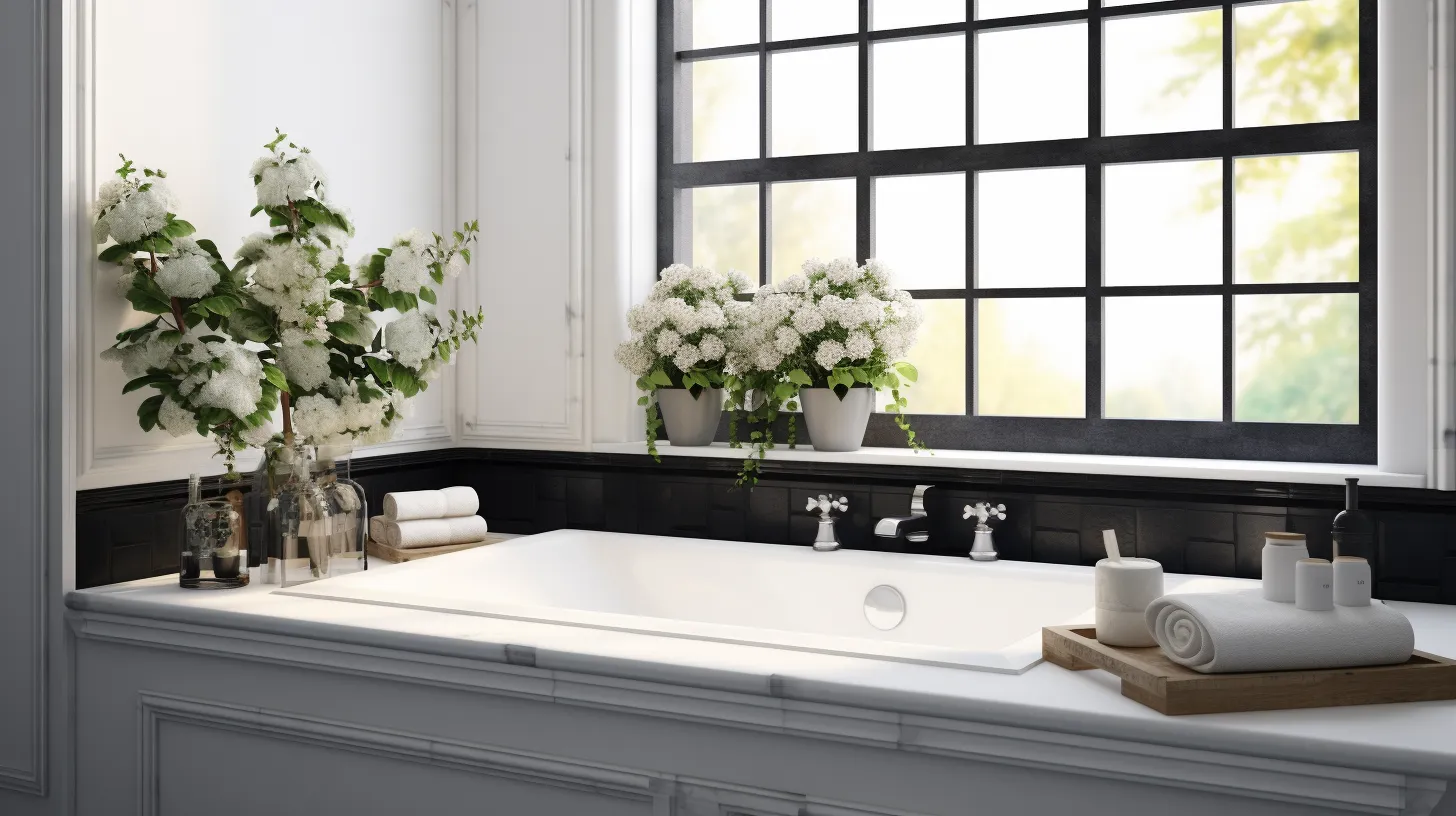 A bathroom with a white tub and flowers in front of a window.