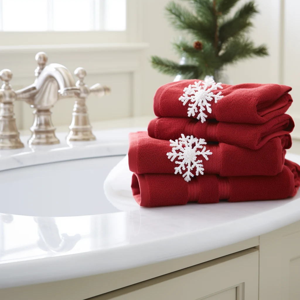 A stack of red towels on a sink with a snowflake decoration.