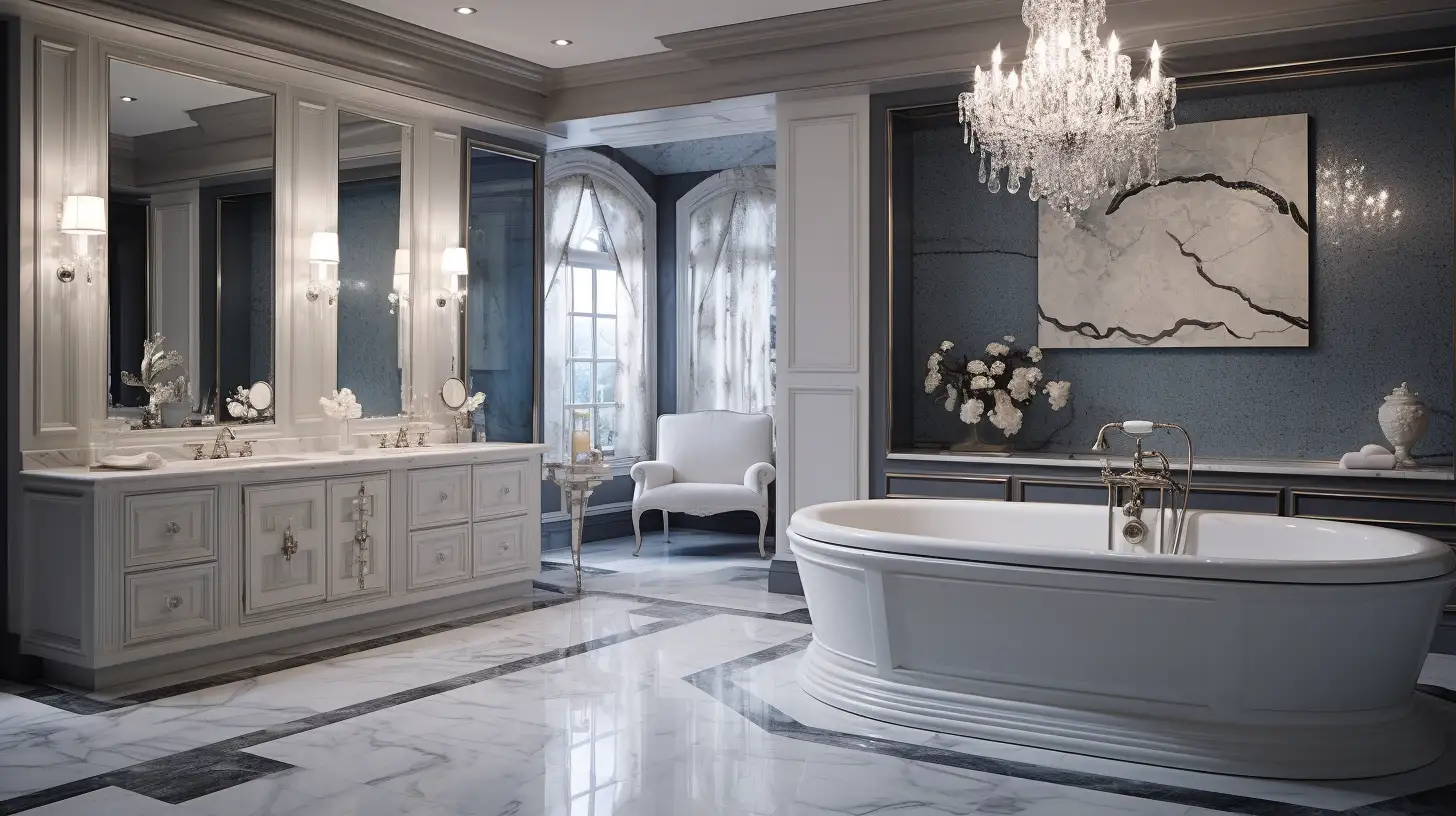 A bathroom with a large tub and a chandelier.