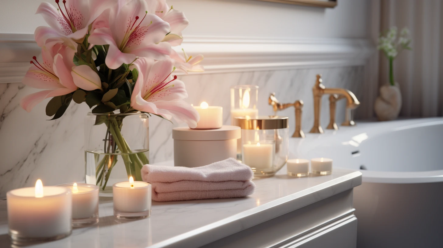 A bathroom with candles, flowers, and a bathtub.