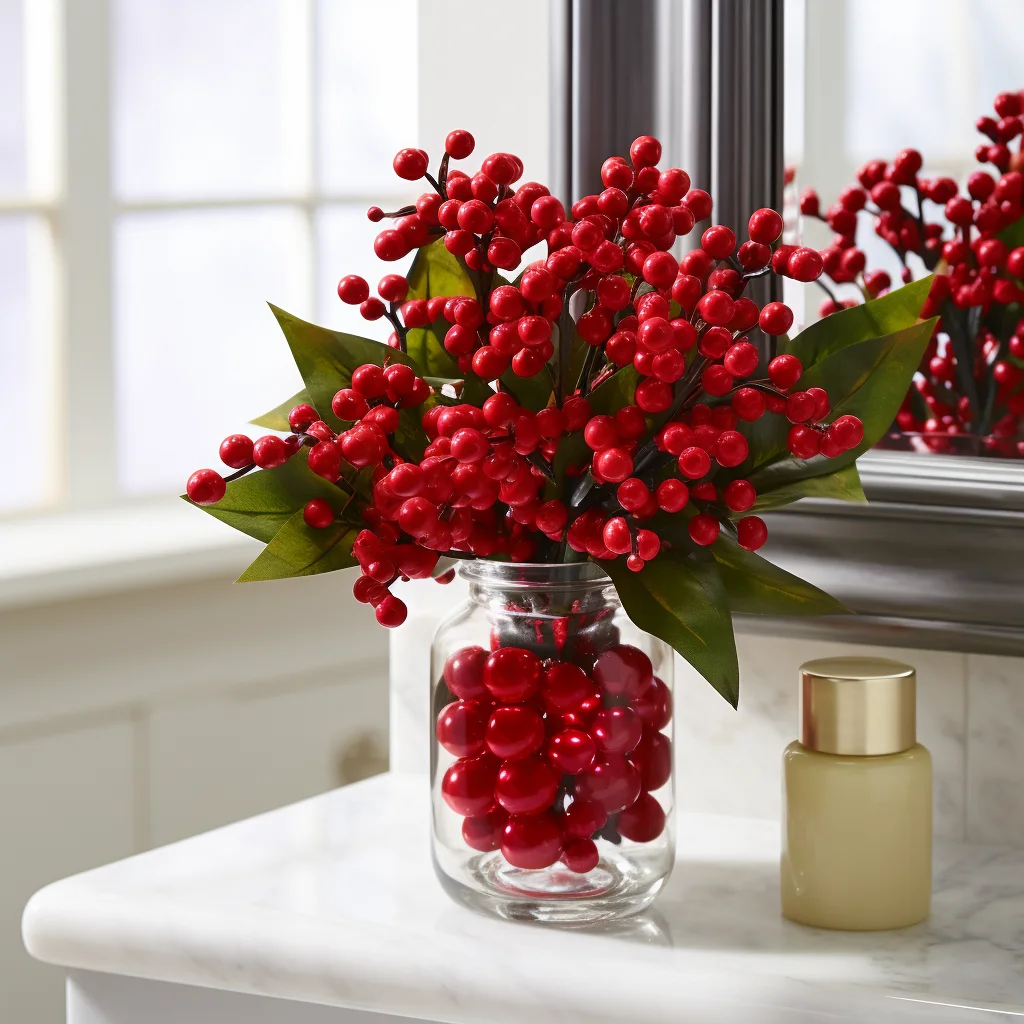 Red berries in a vase on a bathroom counter.