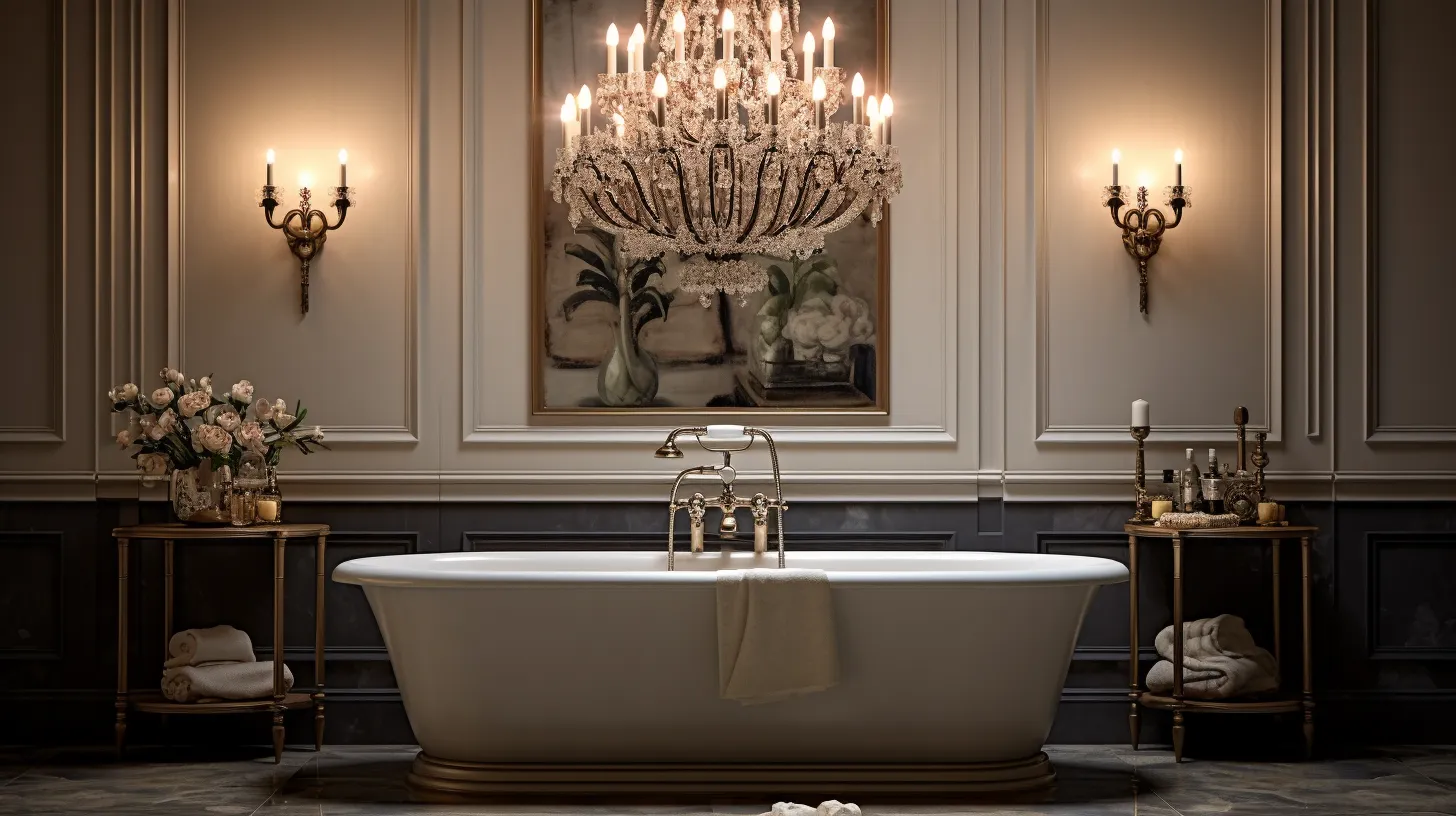 A bathroom with a chandelier and a bathtub.